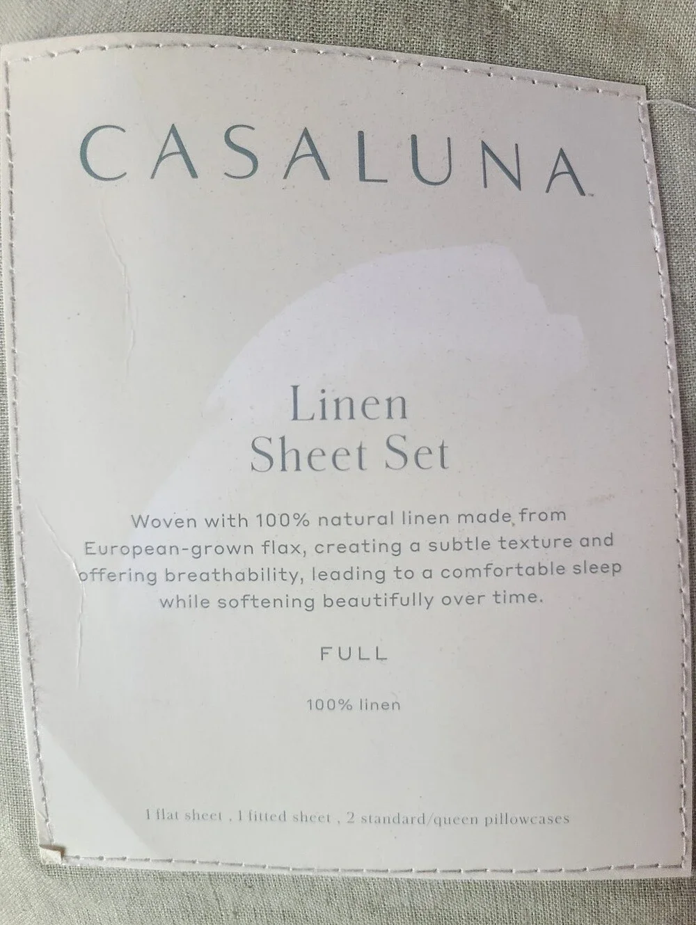 Casaluna- Full 100% Linen Sheet Set Light Olive Green - New